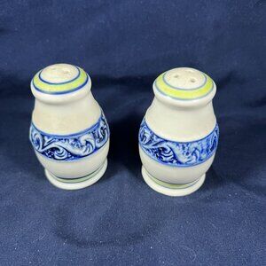 Vintage Ceramic Blue & White Salt & Pepper Shakers With Yellow Accents